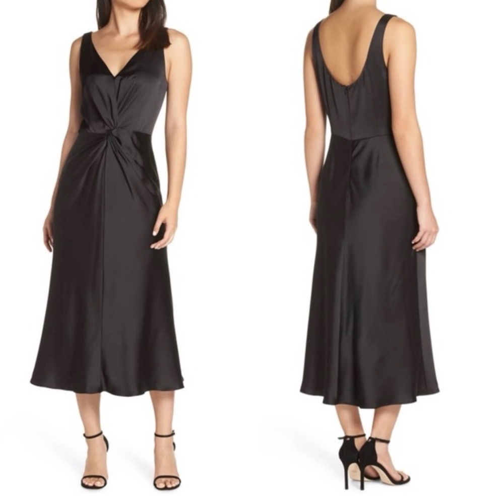 Maggy London Knot Front Satin Black  Dress Timeless Party Formal Size 10 US